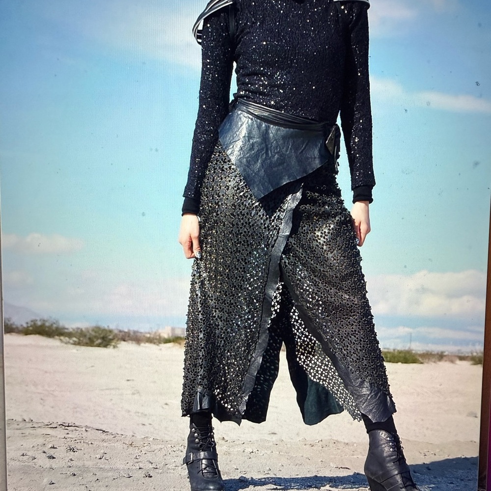 Elegant Black Leather laser Cut Lace Skirt by designer Elizabeth Michaels